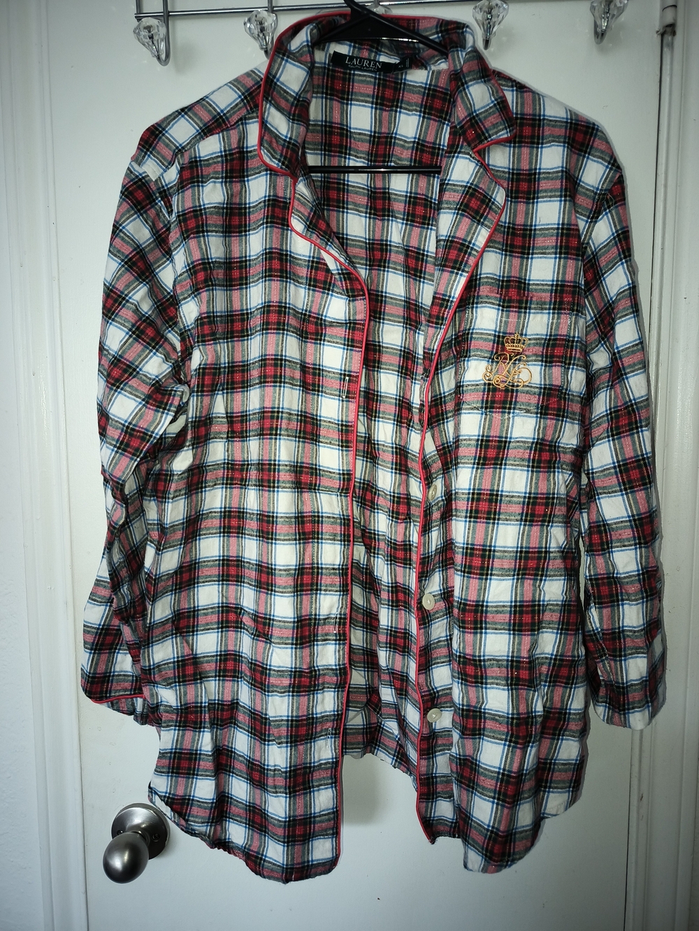 Lauren Ralph Lauren Plaid Button-Up Pajama Top - Red/White/Black